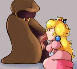 2024 2d balls beldam_(mario) blonde_hair cloak clothed clothing color crown disguise earrings fellatio grey_background hood hooded_cloak kneeling kneeling_oral_position lipstick lipstick_mark lipstick_on_penis long_hair oral paper_mario paper_mario:_the_thousand-year_door paper_peach penis penis_out princess princess_peach princesskari side_view simple_background unseen_male_face
