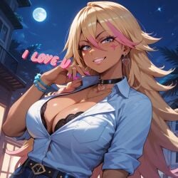 1female ai_generated alternate_body_type alternate_costume alternate_hair_color big_breasts blonde_hair boku_no_hero_academia collar gyaru light_blue_eyes midnight_(my_hero_academia) nemuri_kayama smile tanned_female tanned_skin unbuttoned_shirt