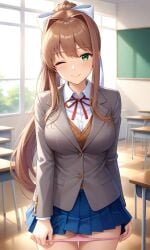 1girls ai_generated artist_name breasts brown_hair classroom clothed clothed_female clothes clothing doki_doki_literature_club female flirting_with_viewer flirty green_eyes hair hair_ribbon hairbow japanese_artist long_hair monika_(doki_doki_literature_club) panties panties_down pink_panties removing_clothing removing_panties school school_uniform schoolgirl skirt smile smiling smiling_at_viewer solo solo_female wink winking_at_viewer