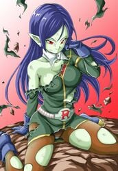 1girls breasts closed_mouth clothed clothing demon_ears demoness dragon_ball dragon_ball_heroes earrings erect_nipples erect_nipples_under_clothes female long_hair panties pointy_ears robelu_(dragon_ball) secretary smile solo spread_legs torn_clothes torn_clothing youngjijii