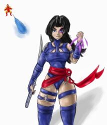 2d black_hair blue_eyes huge_breasts iron_man leotard psylocke psylocke_(marvel_rivals) smile wide_hips