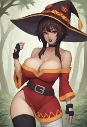 1girls aged_up ai_generated ambrose big_breasts black_lipstick black_nails brown_hair choker crimson_demon fingerless_gloves hourglass_figure kono_subarashii_sekai_ni_shukufuku_wo! megumin minidress off_shoulder outdoors red_eyes self_upload slit_dress smile stable_diffusion thick_thighs thighhighs wide_hips wizard_hat