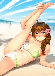 1girl ;) ahoge arm_up bare_arms bare_legs bare_shoulders barefoot beach bikini blue_eyes blue_sky blurry blurry_background blush braid breasts brooke_(mathias_leth) brown_hair cameltoe collarbone day feet flexible flower foot_out_of_frame freckles green_bikini hair_between_eyes hair_flower hair_ornament hair_over_shoulder hand_on_own_foot hands_on_feet leg_up long_sleeves looking_at_viewer lying mleth multicolored_bikini navel on_ground one_eye_closed original outdoors pink_bikini sand sky small_breasts smile solo_focus swimsuit twitter_username
