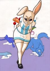 absurd_res anthro beastars clothing dildo domestic_rabbit dwarf_rabbit female haru_(beastars) hi_res lagomorph leporid mammal oryctolagus rabbit rotten_owl sex_toy simple_background solo traditional_media_(artwork) white_body