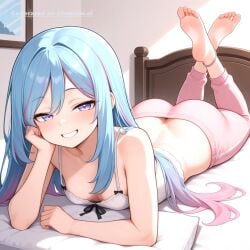 1girl ai_assisted ai_generated anklet bare_shoulders barefeet bedroom cleavage curvy_body detailed_feet eyes_half_closed feet_up grin looking_at_viewer narrow_waist petite prone_position round_ass small_breasts soft_breasts the_pose tired wide_hips witchcrafter_madame_verre