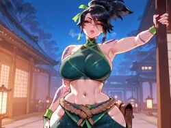 1girls ai_generated akali breasts difuxer female female_focus female_only huge_breasts large_breasts league_of_legends light-skinned_female light_skin looking_at_viewer midriff tattoos thick_thighs thighs wide_hips