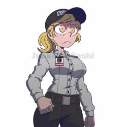 blonde_hair breasts button_down_shirt buttons five_nights_at_freddy's five_nights_at_freddy's:_security_breach headgear pants ponytail safe sayasushiswag security_guard tagme vanessa_(fnaf) voluptuous yellow_eyes