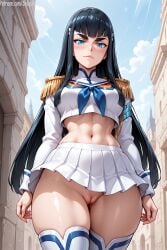 1girls ai_generated black_hair blue_eyes blush front_view kill_la_kill kiryuuin_satsuki long_hair looking_at_viewer miniskirt navel pussy salupai smile standing stomach thick_eyebrows thighhighs thin_waist uncensored