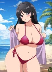 aged_up beach bikini black_hair blush breasts brown_eyes cleavage contrapposto creatures_(company) female game_freak highres kinako_mochi_(pixiv100419090) large_breasts long_hair navel nintendo nose_blush pokemon purple_shirt red_bikini sabrina_(pokemon) shirt side-tie_bikini_bottom smile solo swimsuit undressing