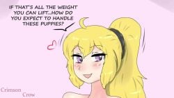 1girls animated big_breasts blonde_female blonde_hair breasts chloeangelva crimsoncrow_va fjtiko ponytail purple_eyes robotic_arm rwby solo_female sound tagme tank_top video voice_acted yang_xiao_long zronku