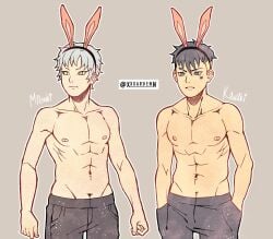 2boys abs black_hair blonde_hair blue_eyes blue_hair boruto:_naruto_next_generations bunny_boy bunny_ears duo duo_focus erect_nipples facial_markings fake_animal_ears gay hairband hi_res high_resolution highres kawaki light-skinned_male light_skin male male/male male_focus male_only messy_hair mitsuki_(naruto) muscles muscular muscular_male naruto naruto_(series) nipples pale-skinned_male pale_skin pecs petplay piercing piercings pinup pisang pose posing shonen_jump shounen_jump shueisha standing teen teen_boy teenager topless topless_male twink very_high_resolution weekly_shonen_jump weekly_shounen_jump yaoi yellow_eyes yellow_hair