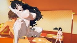 1boy 2girls big_breasts bikini bikini_bottom bikini_top black_hair black_hair_female breasts brown_hair crossover final_fantasy final_fantasy_vii final_fantasy_vii_remake milf nakadashi_(artist) nude_female nude_male raven_branwen red_eyes reverse_cowgirl_position rwby tifa_lockhart