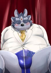 2019 absurd_res anthro belly biped black_nose blush bodily_fluids closed_eyes clothing cum genital_fluids hamagiato hi_res male male_only necktie overweight overweight_male shirt sitting solo tokyo_afterschool_summoners tongue topwear tsathoggua underwear video_games