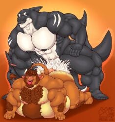 abs anthro beard black_body black_scales bodily_fluids body_hair bovid bovine brown_body brown_fur bugg cattle chest_hair cum cum_in_ass cum_inside cumshot curved_horn duo ejaculation elbow_fin erection facial_hair fish fur gay genital_fluids genitals gradient_background half-closed_eyes hi_res horn hotdogsauau humanoid_genitalia humanoid_penis inflation male mammal marine muscle_tone muscular muscular_anthro muscular_male narrowed_eyes nude open_mouth open_smile orgasm pecs penis scales scar shark simple_background smile smirk smug smug_face smug_grin stomach_bulge tan_body tan_fur tongue tongue_out white_body white_scales