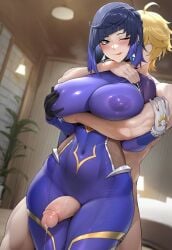 1boy 1boy1girl 1girls absurd_res aether_(genshin_impact) ai_generated bodysuit clothed_female_nude_male covered_nipples genshin_impact hoyoverse huge_breasts huge_cock hugging hugging_from_behind imminent_sex licking_lips liu_(artist) looking_back looking_pleasured neck_grab one_eye_closed penis_between_thighs precum smug straight taimanin_(series) taimanin_suit thick_thighs thigh_sex tight_clothing voluptuous voluptuous_female yelan_(genshin_impact)