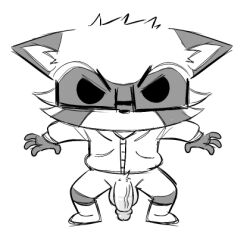 angry anthro balls clothed clothing eyewear funko_pop! genitals glasses humanoid_genitalia humanoid_penis low_res male mammal monochrome partially_clothed penis procyonid simple_background solo spread_legs spreading tommy_(tommybunz) tommybunz toy vein veiny_penis