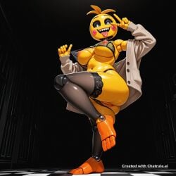 1girl ai_assisted ai_generated animatronic anus armpit bare_shoulders belly_button black_background black_lingerie black_neck black_sclera black_thigh_socks bra_slip cardigan checkered_floor close_up earrings feet fewer_digits girl heart_shaped_pupils indoors jewelry leg_up lingerie looking_at_viewer naked night nipple nipples no_nose one_eye_closed open_mouth panty_pull pixel_art pussy ring robot_joints sharp_teeth smile solo standing standing_on_one_leg tongue_out toy_chica under_boob underwear_pull v view_from_below white_eyes yellow_skin