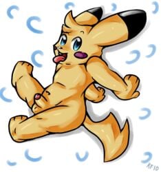 1boy 2011 3_toes 4_fingers balls blue_eyes fingers looking_at_viewer male navel nintendo original_character penis pikachu pokémon_(species) pokemon pokemon_rgby rousemouse solo toes tongue tongue_out video_games