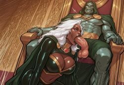 african_female ai_generated armored_male blowjob cleavage clothed_sex dark-skinned_female doctor_doom ebony_female fellatio interracial marvel marvel_comics midriff ororo_munroe pale-skinned_male sitting sloppy_blowjob storm_(x-men) throne throne_room victor_von_doom white_hair will_of_ai x-men