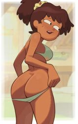 1girls amphibia amphibia_(finale) amphibia_(series) anne_boonchuy aqua_bra ass bangs black_eyes blurry blurry_background blush border bra breasts brown_hair clothes_pull clothing cowboy_shot dark-skinned_female dark_skin disney disney_channel female female_only from_behind green_bra green_panties hair_ornament hair_scrunchie indoors large_ass large_breasts looking_at_viewer looking_back medium_breasts newguy1091 open_mouth pantsu panty_pull ponytail pulled_by_self scrunchie short_hair short_ponytail smile solo standing sweat sweatdrop teeth thai thighs tied_hair underwear underwear_only underwear_pull undressing upper_teeth_only white_border