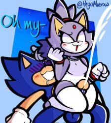 anthro blaze_the_cat blush bodily_fluids clothing cum cum_string domestic_cat duo ejaculation eulipotyphlan felid feline felis female genital_fluids genitals happy hedgehog hero heyomaerow humanoid legwear leotard male male/female mammal penis princess royalty sega sex simple_background sonic_(series) sonic_the_hedgehog sonic_the_hedgehog_(series) text thick_thighs thigh_highs thigh_sex