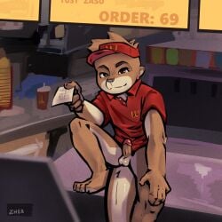 anthro balls bedroom_eyes brown_body brown_fur cashier circumcised clothed clothing erection fast_food fast_food_employee fast_food_restaurant fast_food_uniform food fries fur genitals hi_res male mammal mcdonald's mouth_closed mustelid narrowed_eyes otter pantsless penis seductive sitting solo tail ticket work_clothes worker zhearun zhearun_(zhearun)