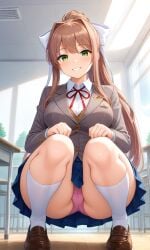 1girls ai_generated artist_name ass ass ass_visible_through_thighs big_ass big_butt breasts brown_hair classroom clothed clothed_female clothes clothing crouching crouching_female doki_doki_literature_club female green_eyes hair hair_ribbon hairbow hips japanese_artist kneesocks long_hair monika_(doki_doki_literature_club) panties pink_panties pussy_visible_through_clothes pussy_visible_through_panties school school_uniform schoolgirl shoes skirt smile smiling smiling_at_viewer thick_thighs thighs upskirt upskirt_view wide_hips