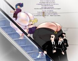 2girls 3boys asian_female big_breasts black_hair black_leggings blonde_hair escalator face_in_ass hyper_ass leshawk patty_campbell small_breasts white_dress worried_expression