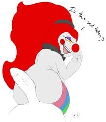 2017 ass big_butt blush clothed clothing clown digital_media_(artwork) dot_(mcnasty) duo eyeshadow female female_focus hair hi_res hot_dogging huge_butt humanoid leggings legwear long_hair looking_back makeup male mcnasty open_mouth penis red_hair red_nose shortstack simple_background smile solo_focus stockings straight teeth thick_thighs thigh_highs tongue wide_hips yellow_eyes