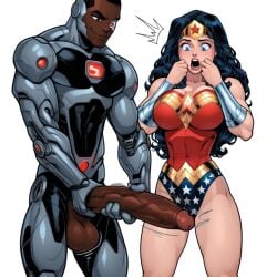 ai_generated armored_male blush cleavage cock_awe cock_shock cyborg cyborg_(dc) dark-skinned_male dc dc_comics diana_prince huge_balls huge_cock hyper_penis imminent_sex interracial justice_league pale-skinned_female presenting_penis shocked shocked_expression victor_stone wide_eyed will_of_ai wonder_woman wonder_woman_(series)