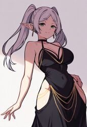 1girls alternate_breast_size black_dress blank_background dress earrings elf elf_female elf_girl frieren frieren_beyond_journey's_end green_eyes jewelry large_breasts sfw suggestive_look tagme tagme_(artist) white_hair