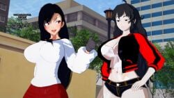 2girls black_hair black_hair_female cleavage clothed_female crossover final_fantasy final_fantasy_vii final_fantasy_vii_remake long_hair long_hair_female mistaken_identity nakadashi_(artist) raven_branwen red_eyes rwby short_shorts tifa_lockhart