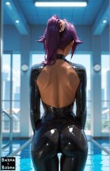 ai_generated ass back_view bebora bleach indoors latex latex_clothing latex_suit purple_hair shihouin_yoruichi thin_waist