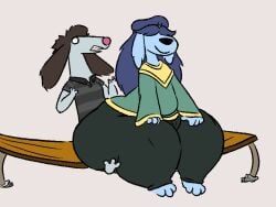 1boy 1girls anthro ass belly bench blue_fur blue_hair brown_hair canine canine canine_humanoid fat female female_focus flat_chest furry grey_fur hips hyper_ass large_ass lita_(fawxen) logtut male oblivious overweight overweight_female sitting sitting_down sitting_on_lap stomach thick_thighs thighs wide_hips