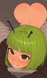 1girls ai_generated antennae black_shirt bob_cut bottomless bug_girl flat_colors freckles freckles_on_ass green_hair kafila_(kosine1777) kosine1777 kosineverse large_ass long_sleeves lying lying_on_bed lying_on_stomach original original_character