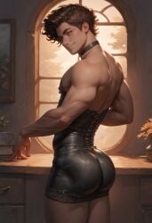 ai_generated ass ass big_ass big_butt black_choker black_corset black_skirt boy brown_hair bubble_ass bubble_butt choker corset hazel_eyes looking_at_viewer looking_back male miniskirt plump_ass round_ass round_butt skirt solo tallcallipygian tcallipygian thick_thighs thighs