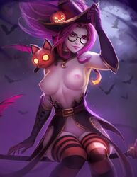 1girls alternate_costume bewitching_janna breasts elbow_gloves female female_focus female_only glasses halloween janna_windforce league_of_legends looking_at_viewer navel nipples partially_clothed pink_eyes pink_hair riot_games thighhighs zarory