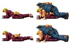 1boy 1girls anal anal_sex animated ass behind big_ass blonde_hair bottomwear clark_still clothing cum cum_inside defeated erection female gif handwear human jiggle king_(snk) king_of_fighters male penis pixel_art prone_bone rape reverse_trap ripped_clothing ripped_pants sex straight teramussa tomboy topwear torn_clothes transparent_background tuxedo web