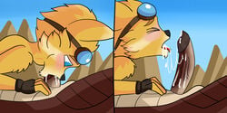 absurd_res bodily_fluids canid canine cum cum_on_face dragon drogoz_(paladins) fox genital_fluids hi_res male male/male mammal nude oral ourjosephundred paladins penis pip_(paladins) scalie vulpine