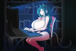 1girls animated between_breasts breast_expansion breast_squeeze breasts cat_ears cat_tail catgirl clothing female female_only gaming green_hair headphones huge_breasts marrazan solo solo_female thick_thighs thighs