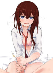 1boy 1girls blue_eyes bra handjob long_hair makise_kurisu masturbation necktie open_clothes open_mouth open_shirt pink_bra pink_panties red_hair red_necktie small_breasts smirk steins;gate sweat sweatdrop white_shirt