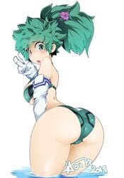 1girls ass back_view big_ass big_breasts bikini bimbo blush breasts cleavage dat_ass eyebrows_visible_through_hair female female_deku female_focus female_only freckles gloves green_eyes green_hair hair_flower hotvr izuku_midoriya light-skinned_female light_skin long_hair looking_at_viewer my_hero_academia open_mouth ponytail pose posing rule_63 solo solo_female solo_focus standing thick_thighs thighs uncensored v water white_background