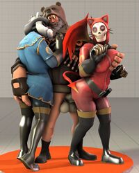 1boy 2girls 3d albanyfucker boots cat_ears demon_girl demon_tail demon_wings fempyro gloves head_dress heavy_weapons_guy horsecock male pants_removed penetration pyro shirt skull team_fortress_2 thigh_boots threesome tight_clothing vaginal_penetration valve wings