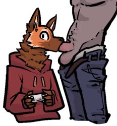 2019 alpha_channel anthro balls canid canine clothed clothing faceless_male fellatio fur hoodie jam_(artist) male male/male mammal maned_wolf oral penile penis sex simple_background topless topwear transparent_background video_games