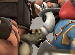 1boy 2girls 3d albanyfucker balls big_penis blowjob breasts fellatio fempyro gloves heavy_weapons_guy horsecock male pants_removed penis pyro shirt team_fortress_2 tight_clothing valve