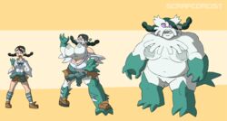 1girls abomasnow alternate_breast_size alternate_species anthro anthrofied big_belly biped black_hair bottomwear breast_expansion breasts candice_(pokemon) chubby clothing eye_contact female footwear growth gym_leader hair half-closed_eyes hi_res huge_ass huge_belly huge_breasts human looking_at_viewer mammal navel nintendo nipples nude open_mouth overweight overweight_female pink_sclera pokémon_(species) pokemon pokemon_dppt pokephilia pussy scrapcorcist sequence shoes simple_background skirt solo surprise text thick_thighs torn_clothing transformation video_games watermark weight_gain wide_hips