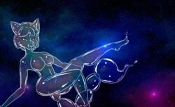 2019 anthro barefoot barely_visible_genitalia big_breasts biped blubglub blush breasts bubble canid canine digital_media_(artwork) featureless_breasts female fingers floating fox green_eyes hair krystal living_bubble looking_at_viewer mammal nebula nintendo nude solo space star star_fox video_games wide_hips