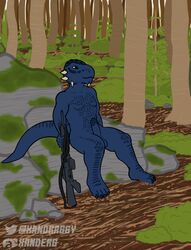 2019 4_toes 5_fingers anthro argonian balls bethesda_softworks biceps biped blue_body blue_scales blue_skin brown_eyes digital_media_(artwork) erection fingers forest gun hi_res humanoid_penis male male_only moss muscular muscular_male nude penis plant ranged_weapon rock scales scalie shrub sitting solo spikes the_elder_scrolls toes tree tristen video_games weapon xanderg_(artist)