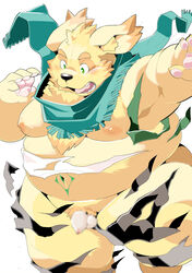 balls belly bird_dog blush canid canine canis censored clothing cu_sith_(tokyo_afterschool_summoners) domestic_dog flaccid foreskin furry golden_retriever hi_res hunting_dog male male_only mammal moobs navel nipples nude overweight pawpads penis retriever scarf sigenoya small_penis solo thick_thighs tokyo_afterschool_summoners video_games wardrobe_malfunction