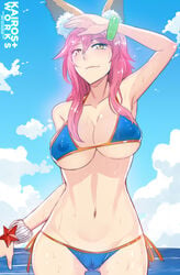 1girls 2016 5_fingers animal_ear_fluff animal_ears animal_humanoid belly_button bikini blue_bikini blue_bikini_bottom blue_bikini_top blue_sky bracelet breasts brown_body brown_fur cameltoe canid canid_humanoid canine canine_humanoid caster_tamamo-no-mae clothing day fate_(series) female fingers fox_humanoid fur hair hi_res humanoid inner_ear_fluff jewelry kairos+ long_hair mammal mammal_humanoid midriff navel nipple_bulge outdoors pink_hair pokies portrait sea sky solo solo_female solo_focus swimwear tamamo_no_mae_(fate) three-quarter_portrait translucent translucent_hair tuft water wet white_body white_fur yellow_eyes